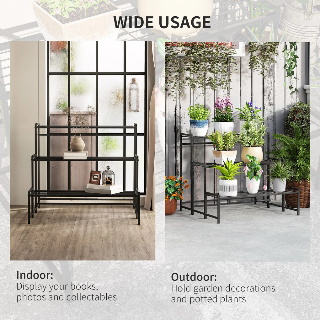 Outsunny Stojak na Doniczki, Trzystopniowy Stojak na Rośliny w Kształcie Schodów, Stojak na Doniczki do Wnętrza i na Zewnątrz, Metal, Czarny