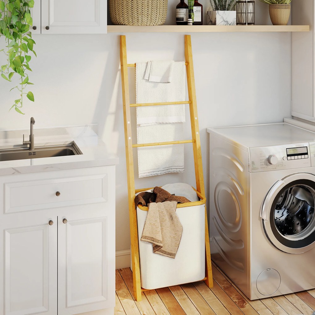 HOMCOM Regał łazienkowy, 2-w-1 z 3 drążkami, wyjmowany kosz na pranie 48L, bambusowy, 43 x 35 x 133 cm, kremowy | Aosom PL