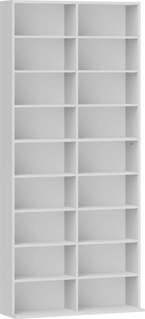 HOMCOM Regał na DVD, Stojak na CD z 14 regulowanymi półkami, 18 przegródkami, 175 cm, Regał na Blu-ray, Płyta wiórowa, Biały