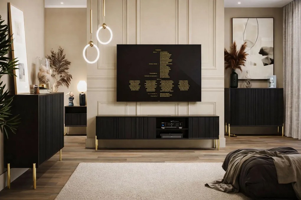 Czarna ryflowana szafka nocna w stylu glamour L0-E75