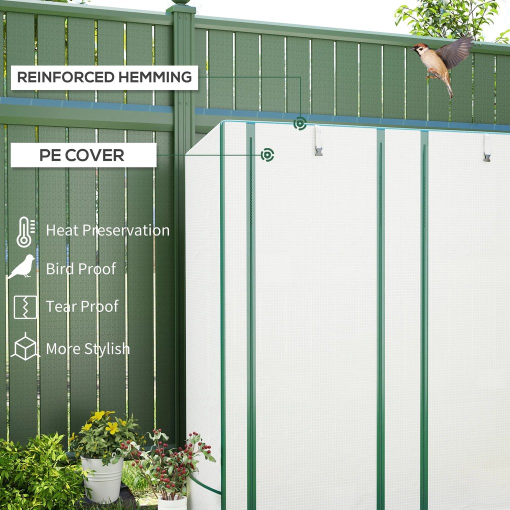 Outsunny Mini szklarnia z 3-poziomową półką, osłona z plastiku, odporna na UV, przenośna, drzwi rolowane, 144 x 48 x 152 cm, Biała