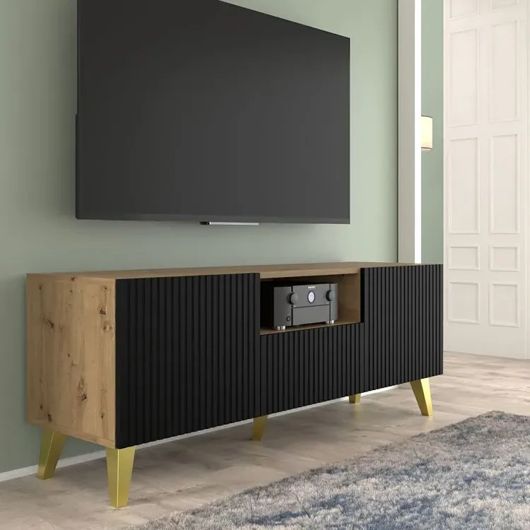 Szafka na TV dąb artisan z czarnymi lamelami D1-P35