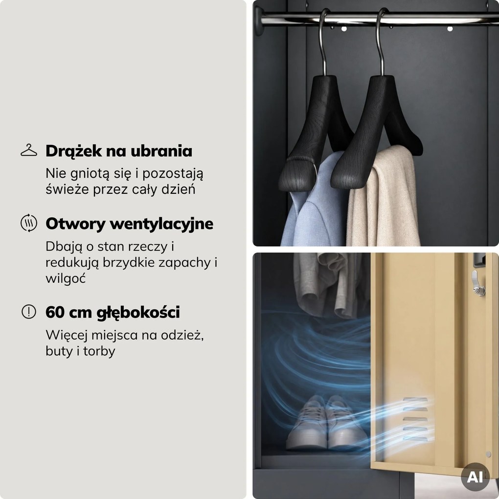 Szafka ubraniowa metalowa pracownicza głęboka 2-drzwiowa antracyt/orzech, 292x1720x600 mm: BARTEK 1 Plus D600 Eco Design