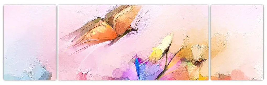 Obraz - Motyl nad kwiatem, abstrakcja (170x50 cm)