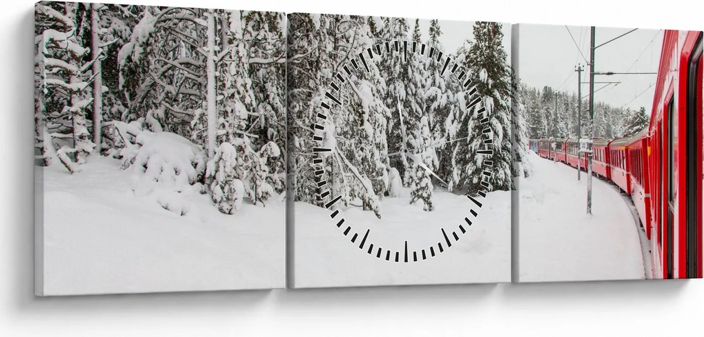 Obraz - Pociąg w zaśnieżonym krajobrazie (z zegarem) (90x30 cm)