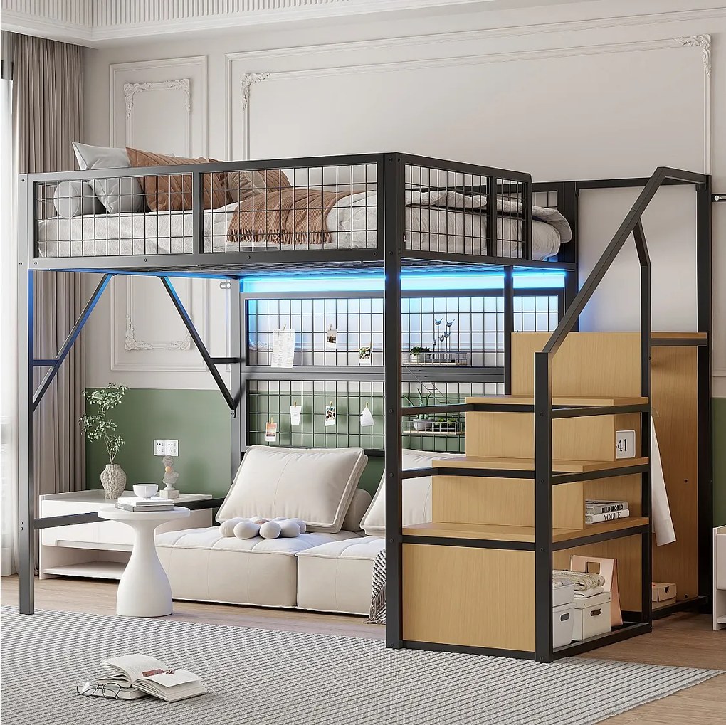 Łóżko piętrowe metalowe dla dzieci - 140 x 200 cm - z szafą + oświetlenie LED + schowek w schodach - MDF + Metal - czarne