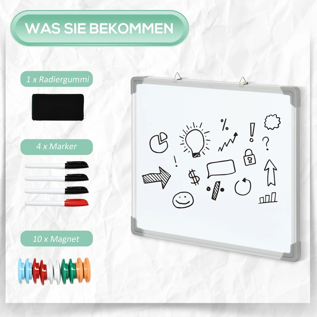 HOMCOM Whiteboard Magnetyczny, łatwo zmywalny, z 4 Markerami, 10 Magnesami, 1 Gąbką, 60 x 1,8 x 45cm