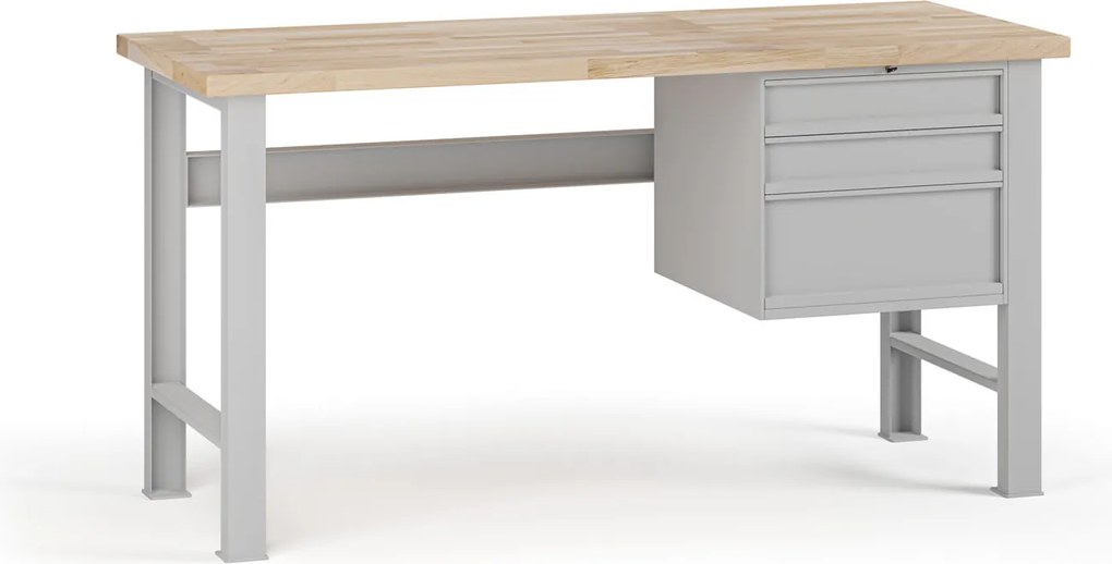 Stół warsztatowy G7, blat bukowy, 1700 x 685 x 840 mm, 1x kontener, 3x szuflada, szary
