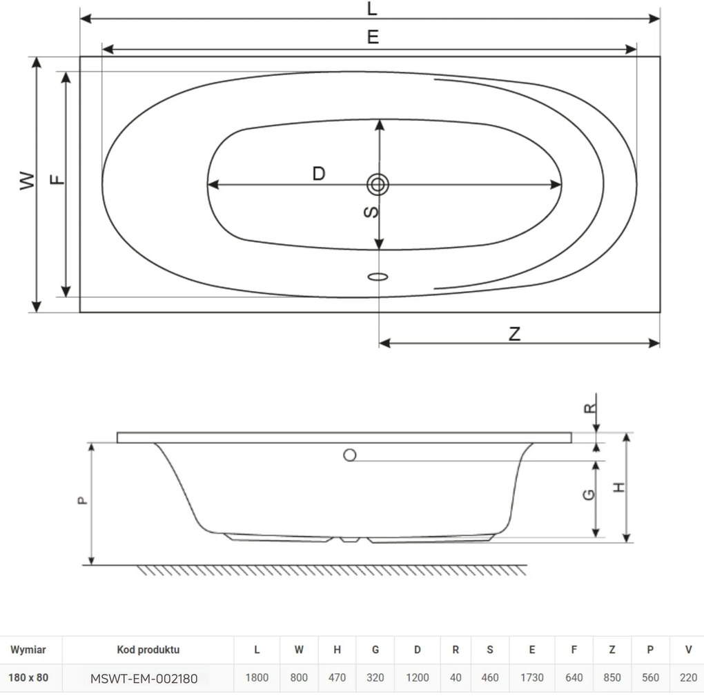 Wanna prostokątna biała 180 x 80 cm do zabudowy odpływ po środku EMBER MASSI
