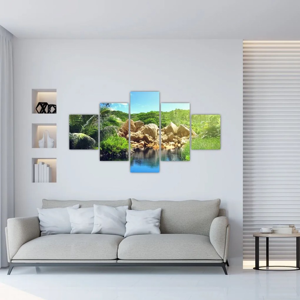 Obraz jeziora w dżungli Seszeli (125x70 cm)