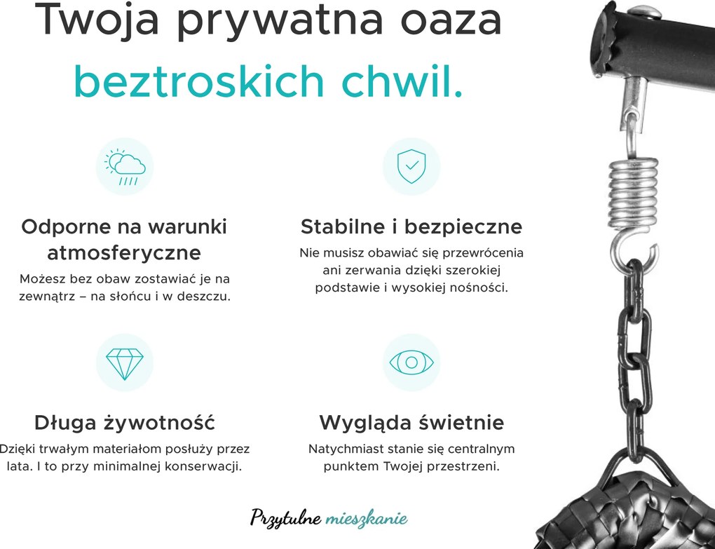 Fotel wiszący czarny KOKON ze stojakiem, szara poduszka