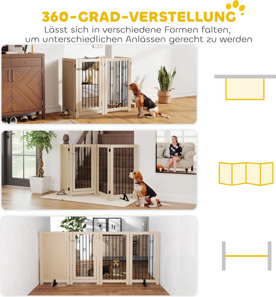 PawHut Wolnostojąca bramka dla zwierząt, bramka dla psa z drzwiami, 4 panele, do korytarza, schodów, ościeżnicy, MDF, stal | Aosom PL