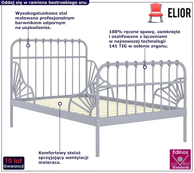 Szare metalowe łóżko rosnące z dzieckiem rozsuwane 80x130/200 cm - Welix