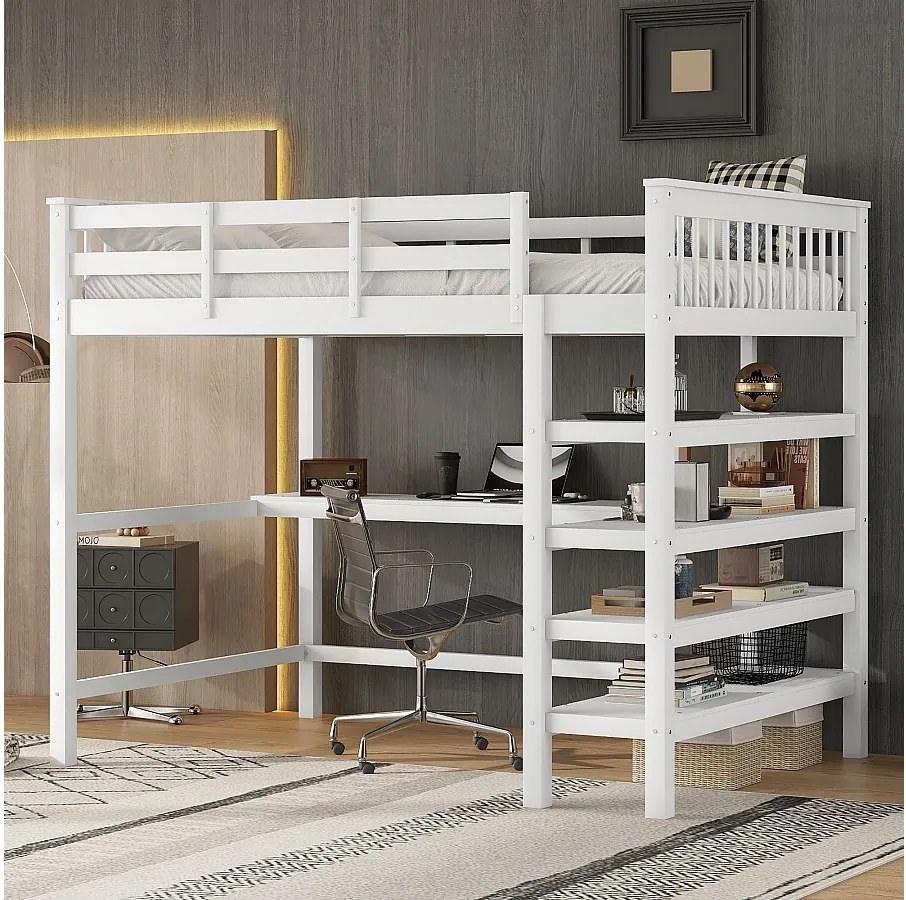 Łóżko piętrowe 140 x 200 cm z biurkiem i półkami do przechowywania - Drewno sosnowe + MDF - Białe