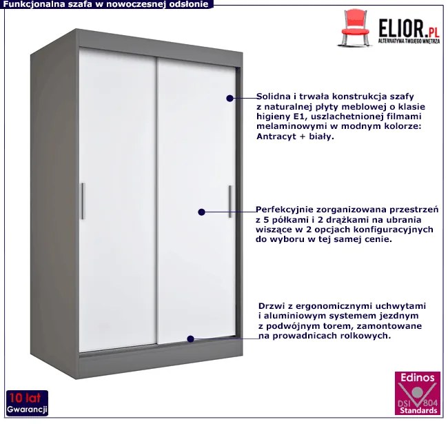 Szafa przesuwna antracyt + biały 120 cm - Erco 3X