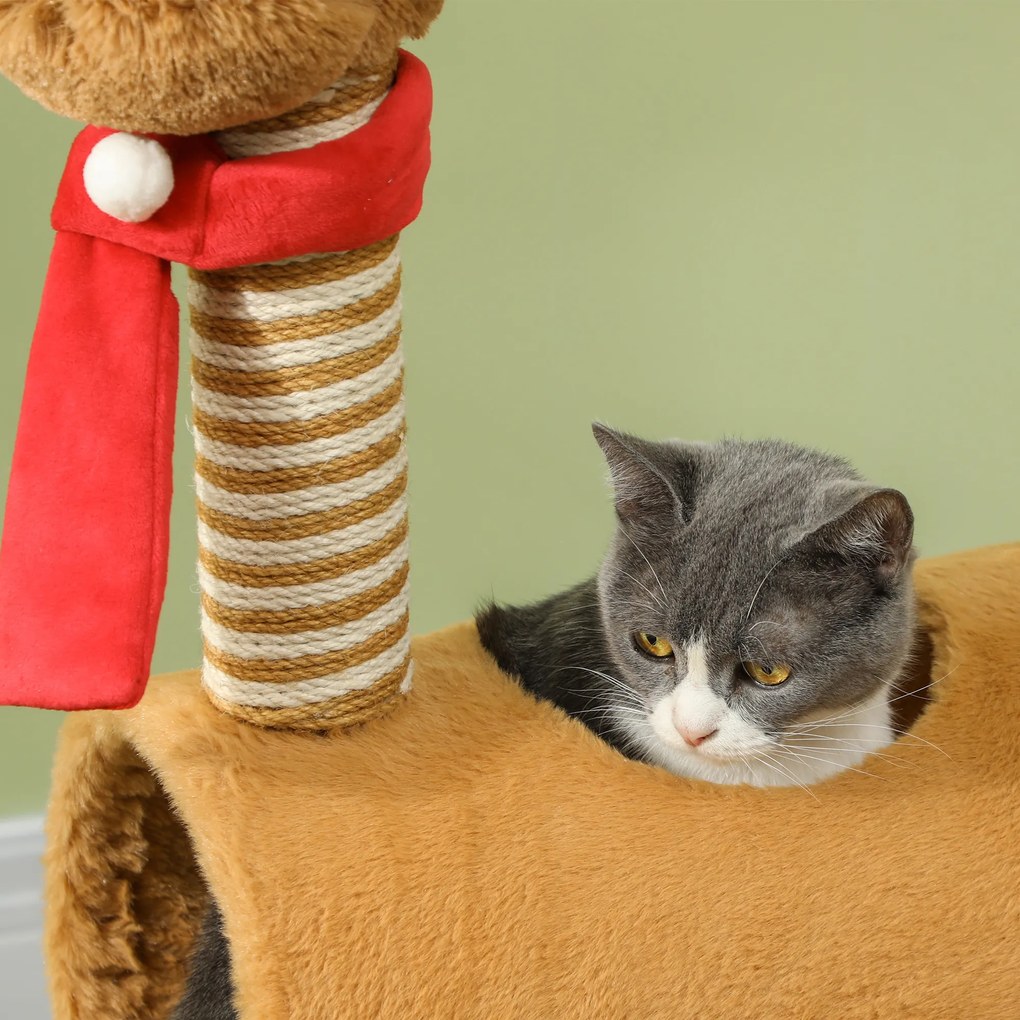 PawHut Drapak 98 cm Wzór Jelenia z Jaskinią, Piłką i Słupkami z Juty, Brązowy