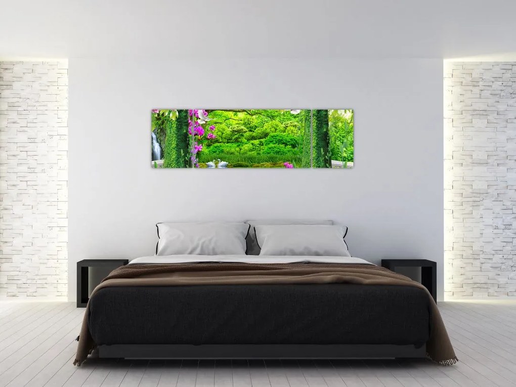 Obraz - Magiczny ogród z łabędziami (170x50 cm)