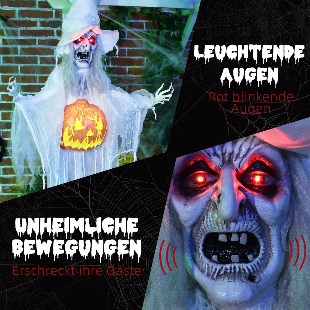 HOMCOM Duch na Halloween, Dekoracja na Halloween, Funkcja dźwięku, z czujnikiem ruchu i światłami LED, 60 cm x 18 cm x 183 cm