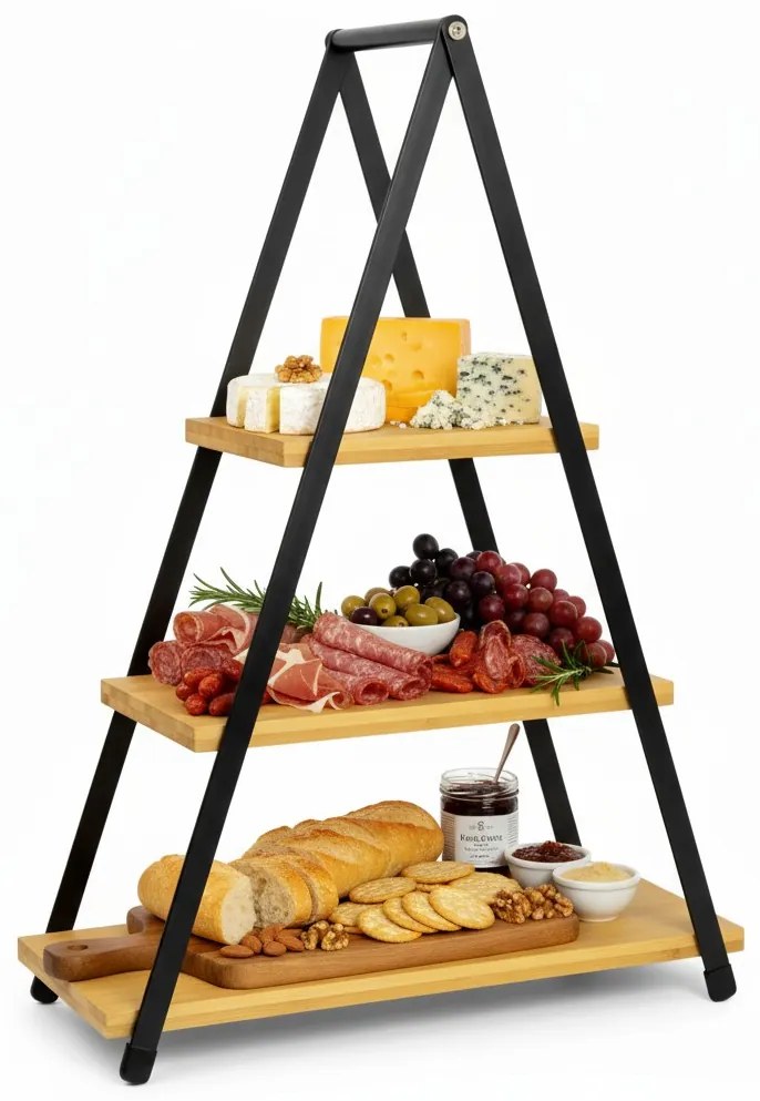 Patera trzypoziomowa z drewnianymi półkami, 53 cm