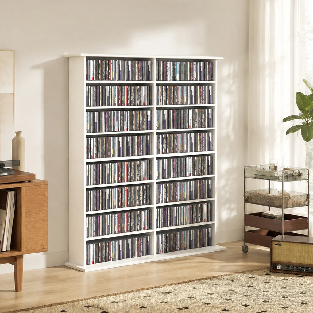 HOMCOM Regał multimedialny, 8 poziomów, regał na DVD z 12 regulowanymi półkami, 16 przegród, pojemność 720 CD, biały | Aosom PL