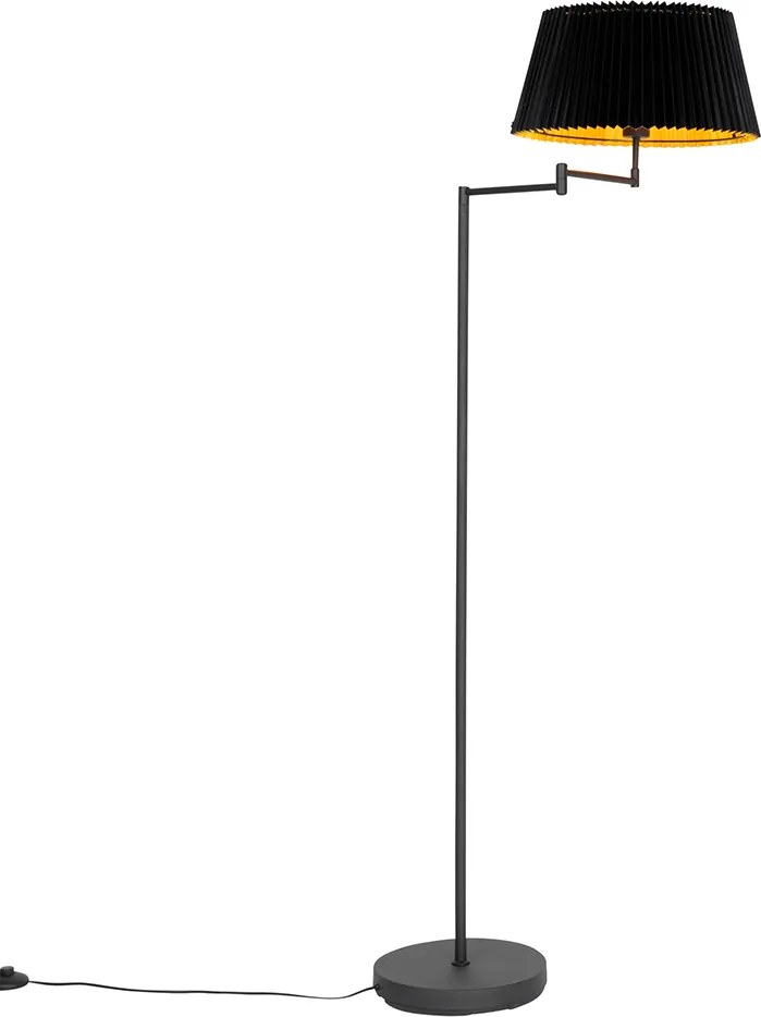 Czarna lampa stojąca z czarnym plisowanym kloszem i regulowanym ramieniem - Ladas Deluxe