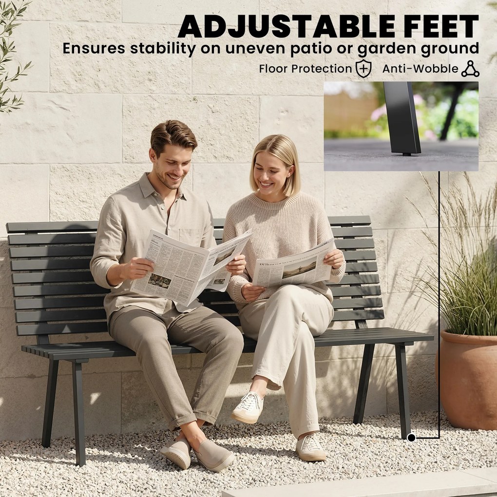 Outsunny Ławka ogrodowa 3-osobowa, odporna na warunki atmosferyczne, metalowa, z szerokim siedziskiem, lamelowy design, nośność 240 kg, 154 x 68 x 88 cm | Aosom PL