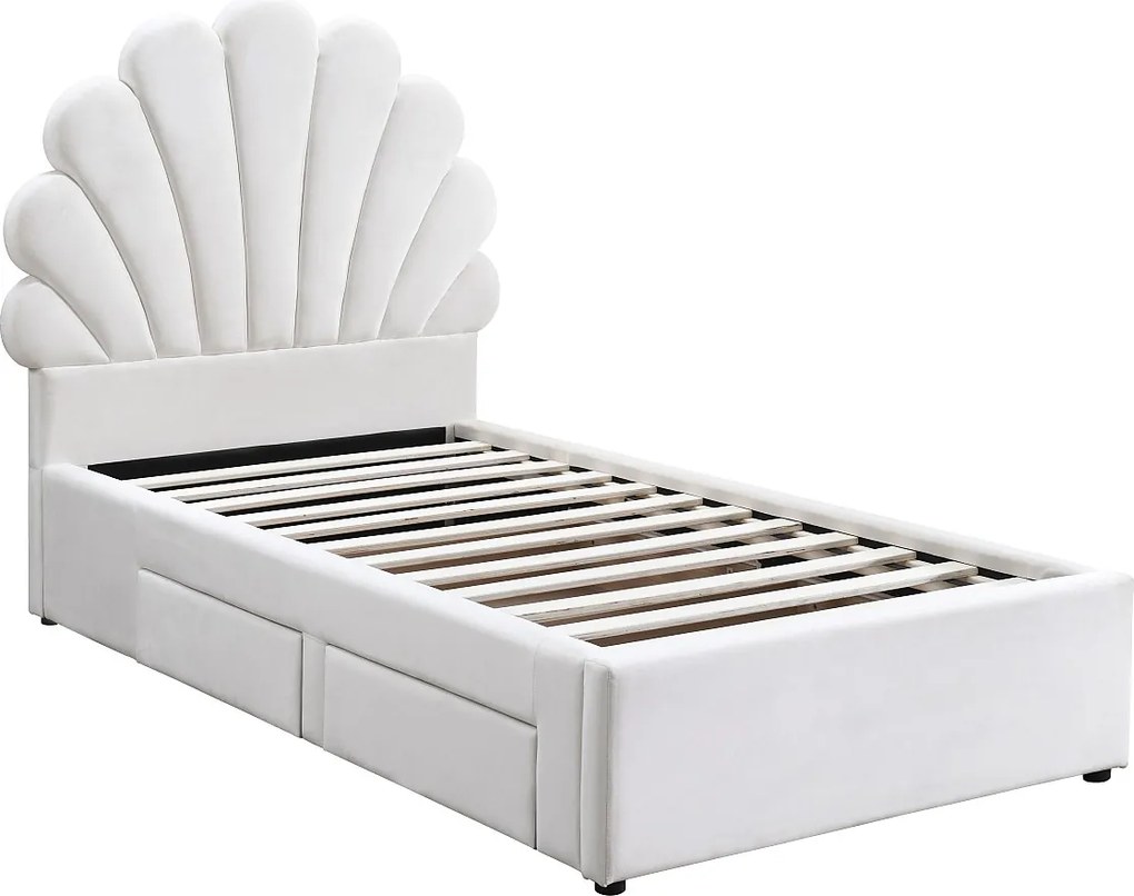 Łóżko muszla 90 x 190 cm z 2 szufladami - Welur - Białe + Materac - MOANA