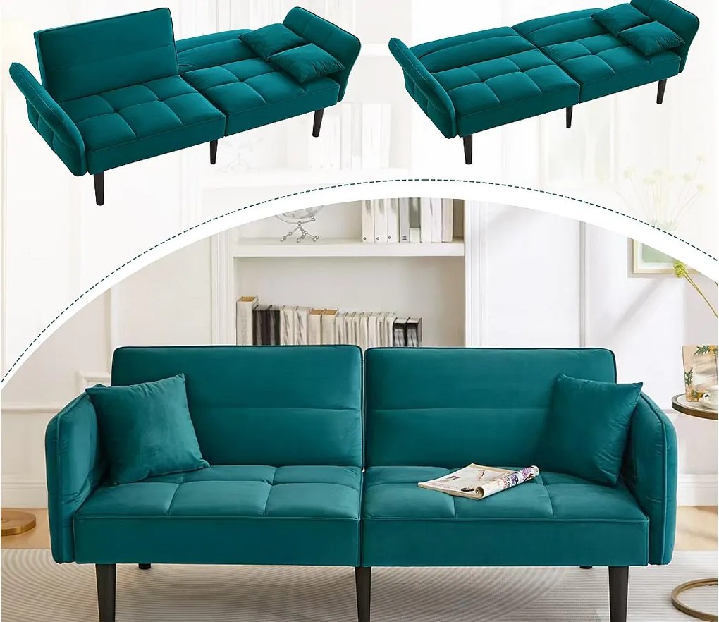 Kanapa 2 w 1 regulowana - 2-osobowa - Aksamit - Zielony