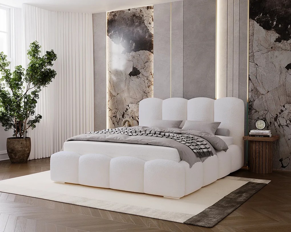 BESILIO Łóżko tapicerowane 200x200 Fluffy – łóżko chmurka boucle, z pojemnikiem na pościel i stelażem, gruba pianka, nowoczesne łóżko do sypialni – Biały