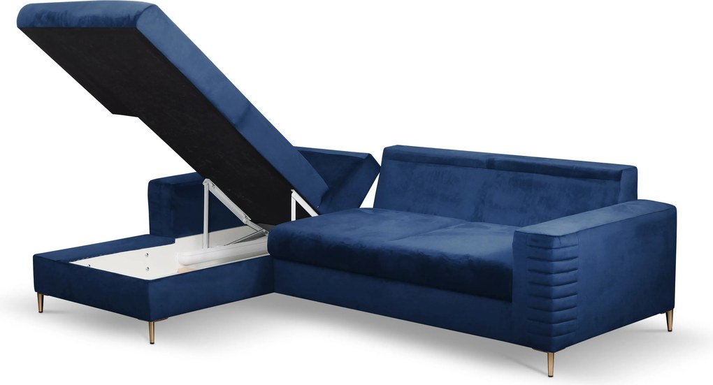 Masseno Narożnik GRIFO z funkcją spania i pojemnikiem na pościel Narozniki L, Rozkładana sofa - Niebieski, VELLUTO NAVY 25