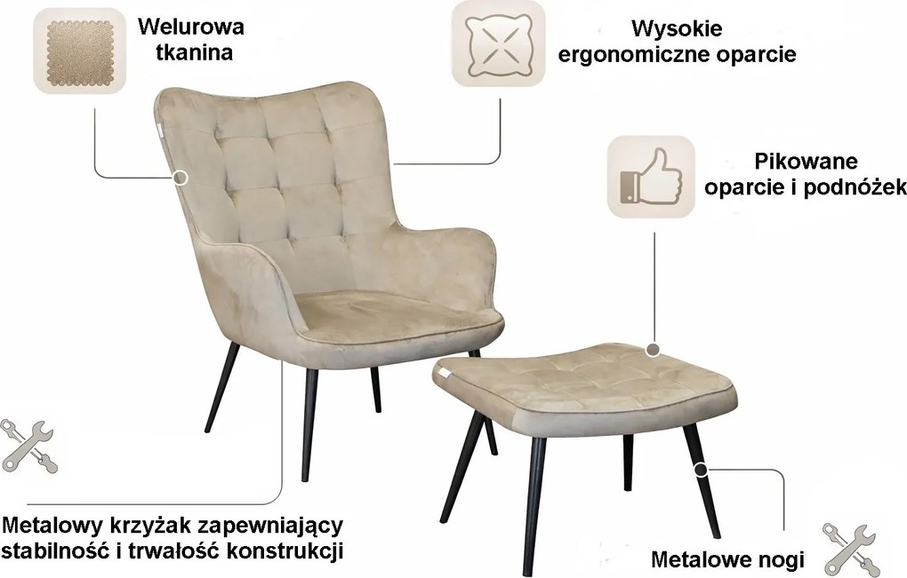 Fotel wypoczynkowy RELAX uszak z podnóżkiem : Kolor nogi - Czarna stożek, Kolor tkaniny - VELVET - MG09, Typ tkaniny - Velvet