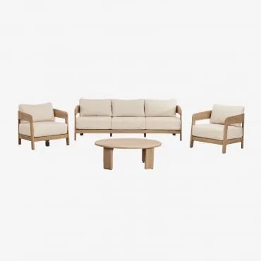 Zestaw Wypoczynkowy Z 3-osobową Sofą, 2 Fotelami I Stolikiem Kawowym Z Drewna Akacjowego Uleno Jasny Akacjowy Brąz - Sklum