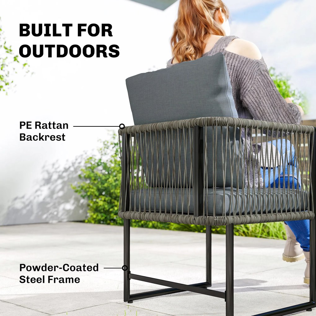 Outsunny Zestaw 2 Krzeseł Ogrodowych z PE-Rattanu i Stali z Poduszkami, Oparciem i Podłokietnikami, 52x52x66 cm, Ciemnoszare | Aosom PL