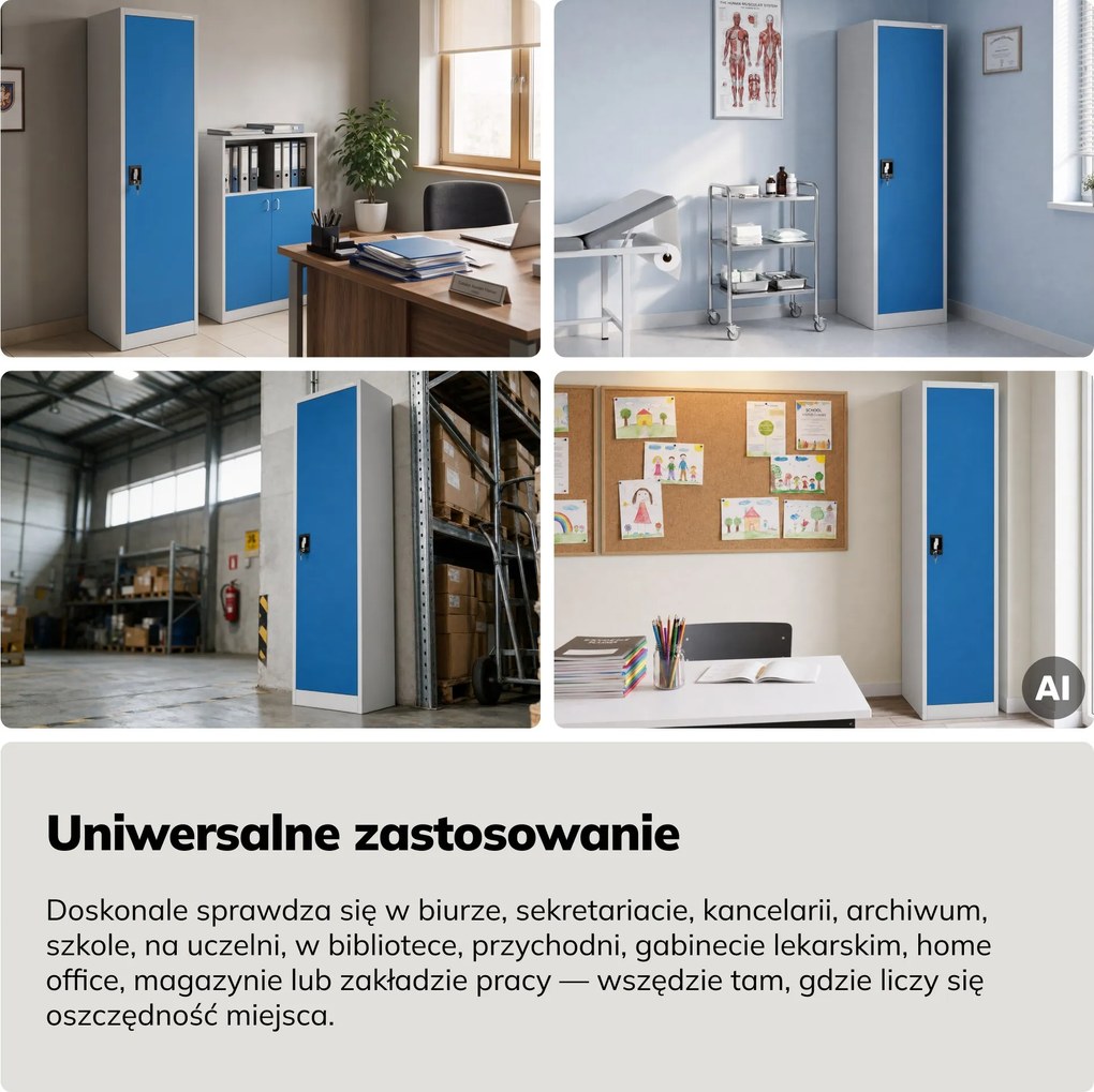 Szafa na akta kartotekowa na klucz szaro-niebieska, 450x1850x400 mm: ALEX