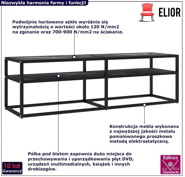 Szklana szafka pod TV z blatem na wzór czarnego marmuru - Hollola,