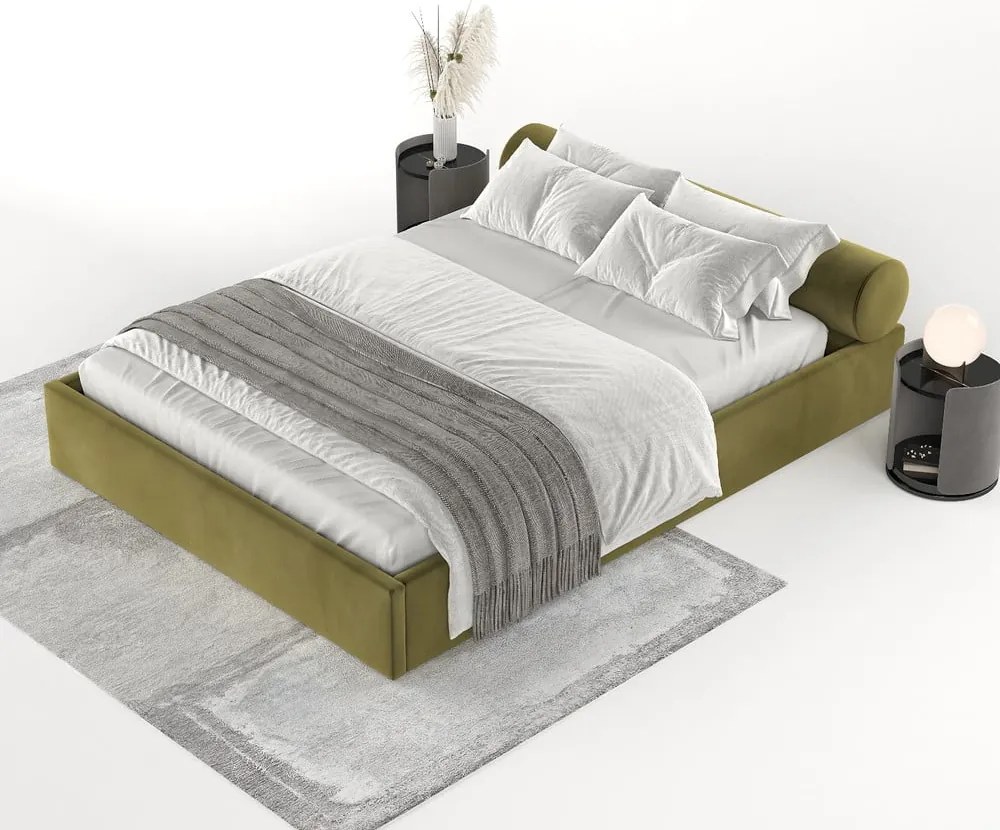 Ciemnozielone tapicerowane łóżko dwuosobowe ze schowkiem ze stelażem 140x200 cm Solvo – Maison de Rêve