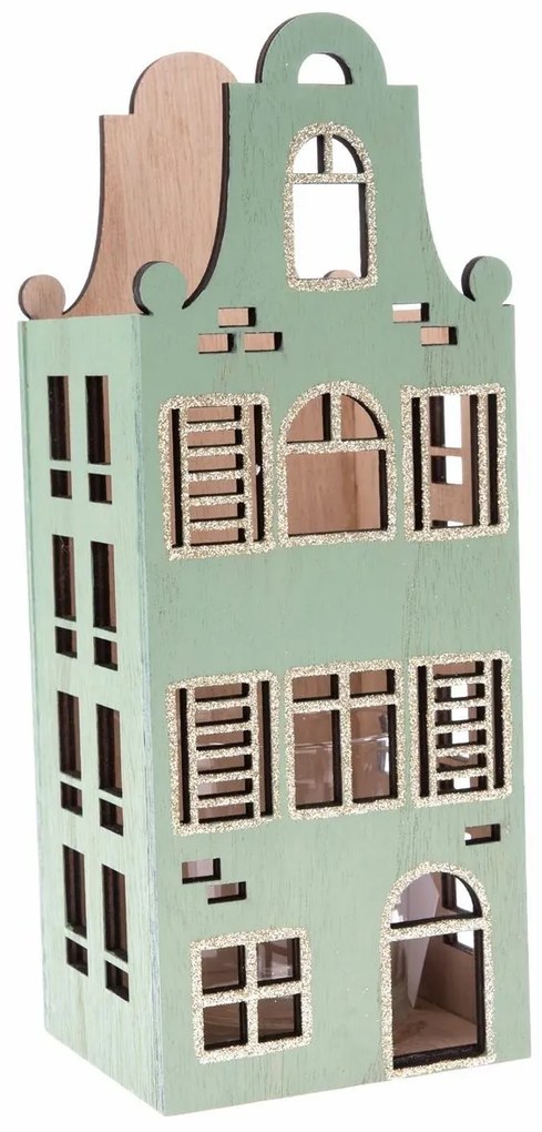 Drewniany świecznik ze szkłem Domek jasnozielony,10 x 26 x 9 cm