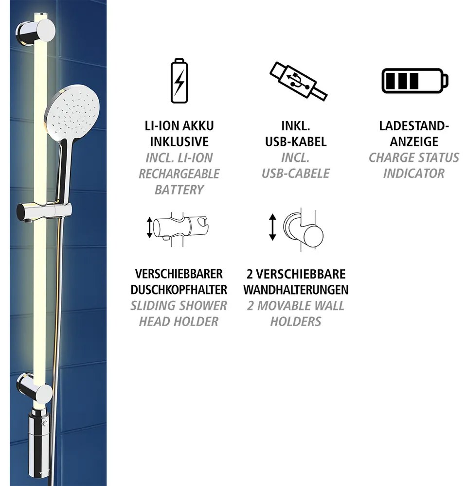 Drążek prysznicowy LED 94 cm, ciepła biel, słuchawka i wąż prysznicowy, WENKO