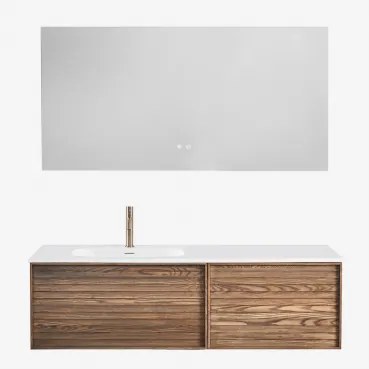 Zestaw Wiszących Mebli Łazienkowych 140x50 Cm Z Drewna Zintegrowany Z Umywalką Solea Popielaty Brąz & Szczotkowane Złoto ↑20 Cm Z Przelewowym Zaworem