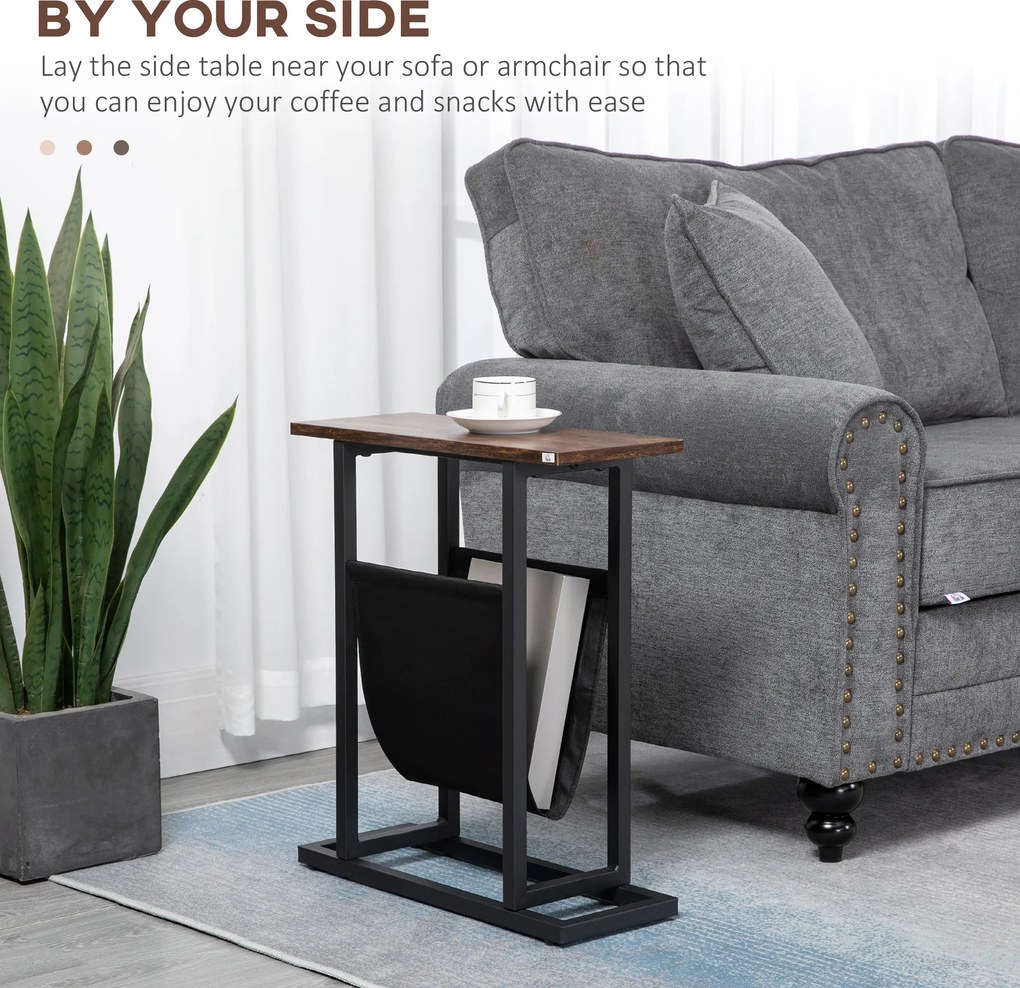 HOMCOM Stolik pomocniczy, stolik nocny, smukła konstrukcja, z kieszenią na materiały, stal, ciemnobrązowy+czarny, 49 x 19 x 55 cm