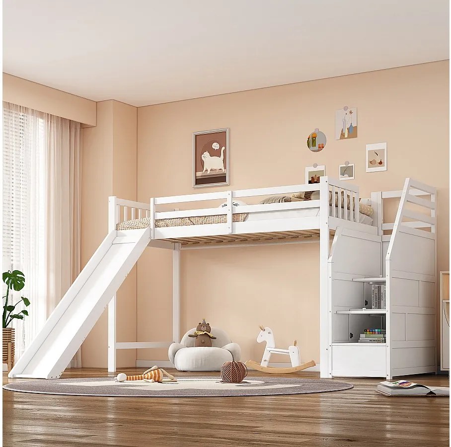 Łóżko piętrowe dla dzieci 90x200 cm ze zjeżdżalnią i drabinką, certyfikat EN747, bez materaca, kolor biały