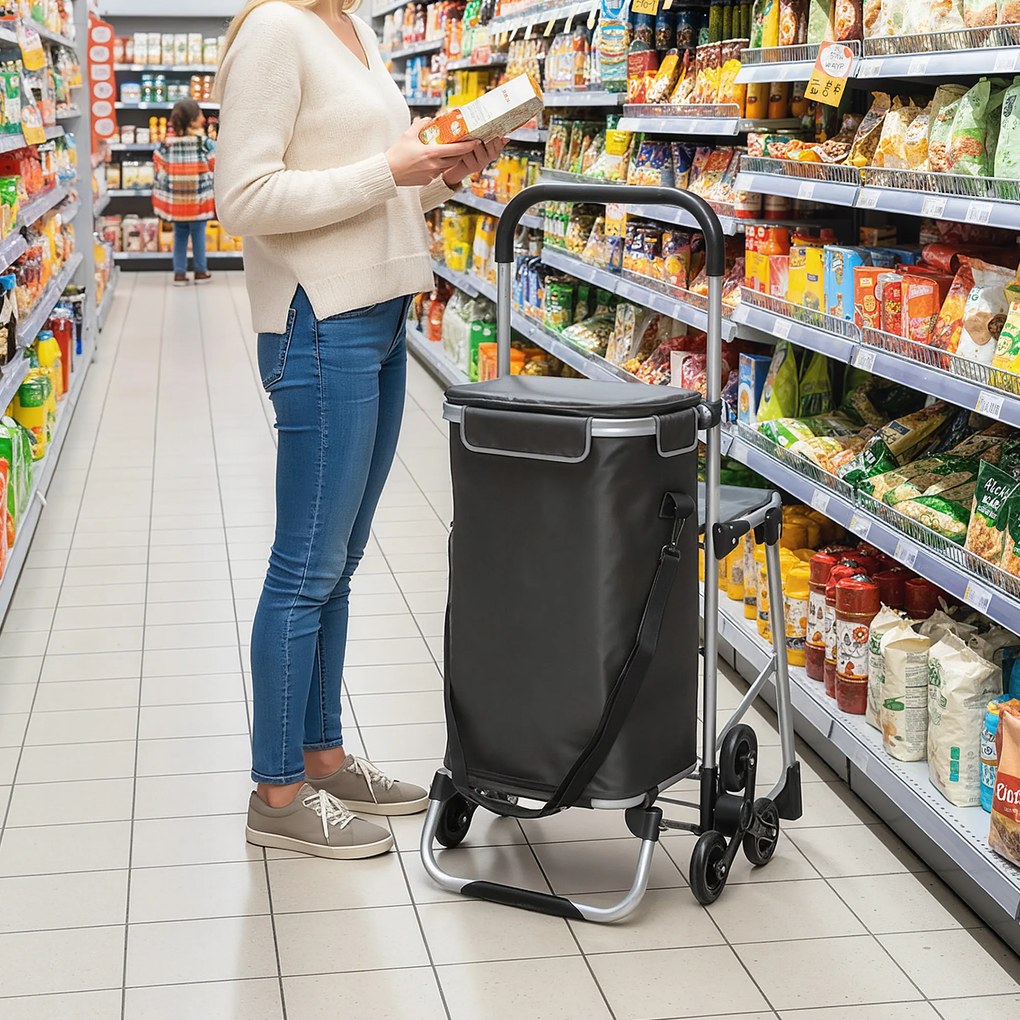 HOMCOM wózek na zakupy, torba Oxford 40 l, design 3 kół, rama aluminiowa, siedzisko, ciemnoszary | Aosom PL
