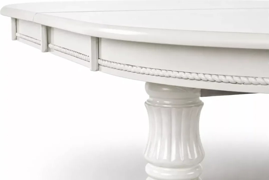 Biały stół Celeste 150-190x90 – elegancki owalny rozkładany stół z MDF lakierowanego na drewinaych rzeźbionych nogach