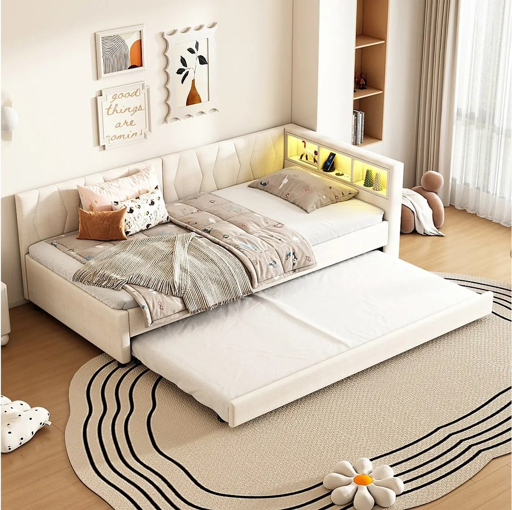 Łóżko wysuwane 90x200 cm, beżowa tkanina lniana, leżanka z portami USB i oświetleniem LED, bez materaca