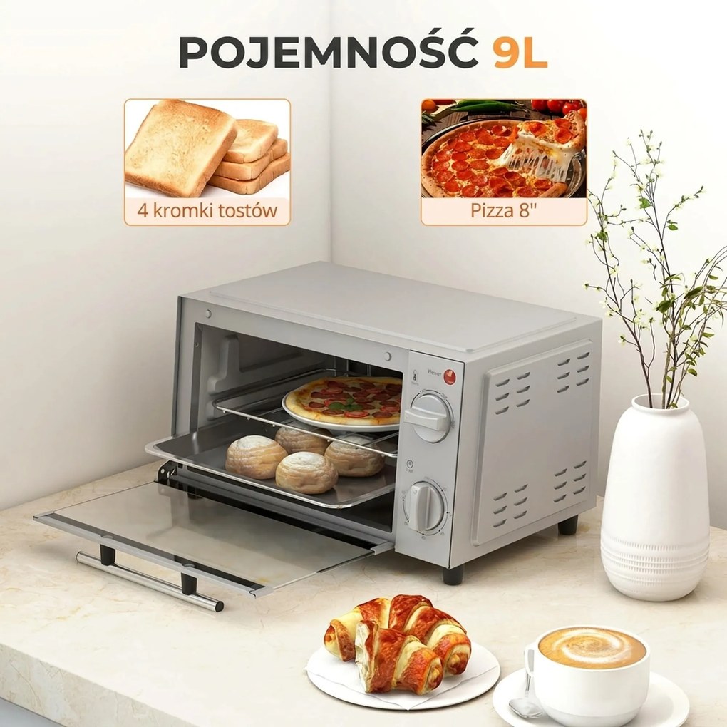 HOMCOM Minipiekarnik 9L, Mini piekarnik z blachą, rusztem, regulowaną temperaturą i czasem pieczenia, stal nierdzewna, srebrny