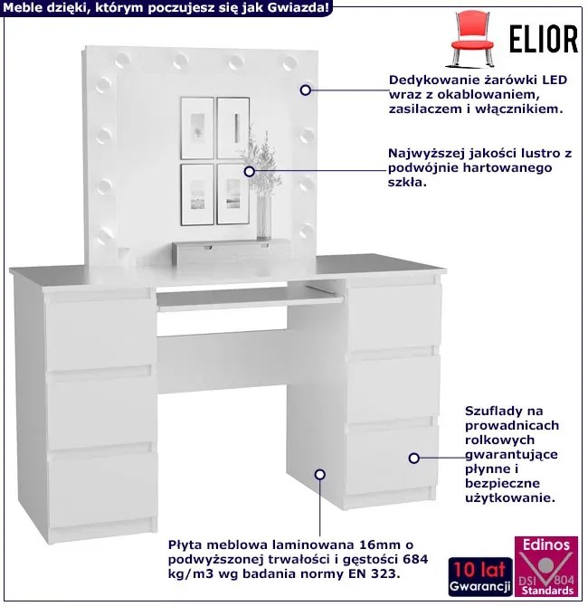 Białe biurko toaletka z szufladami i lustrem scenicznym - Wenus 6X