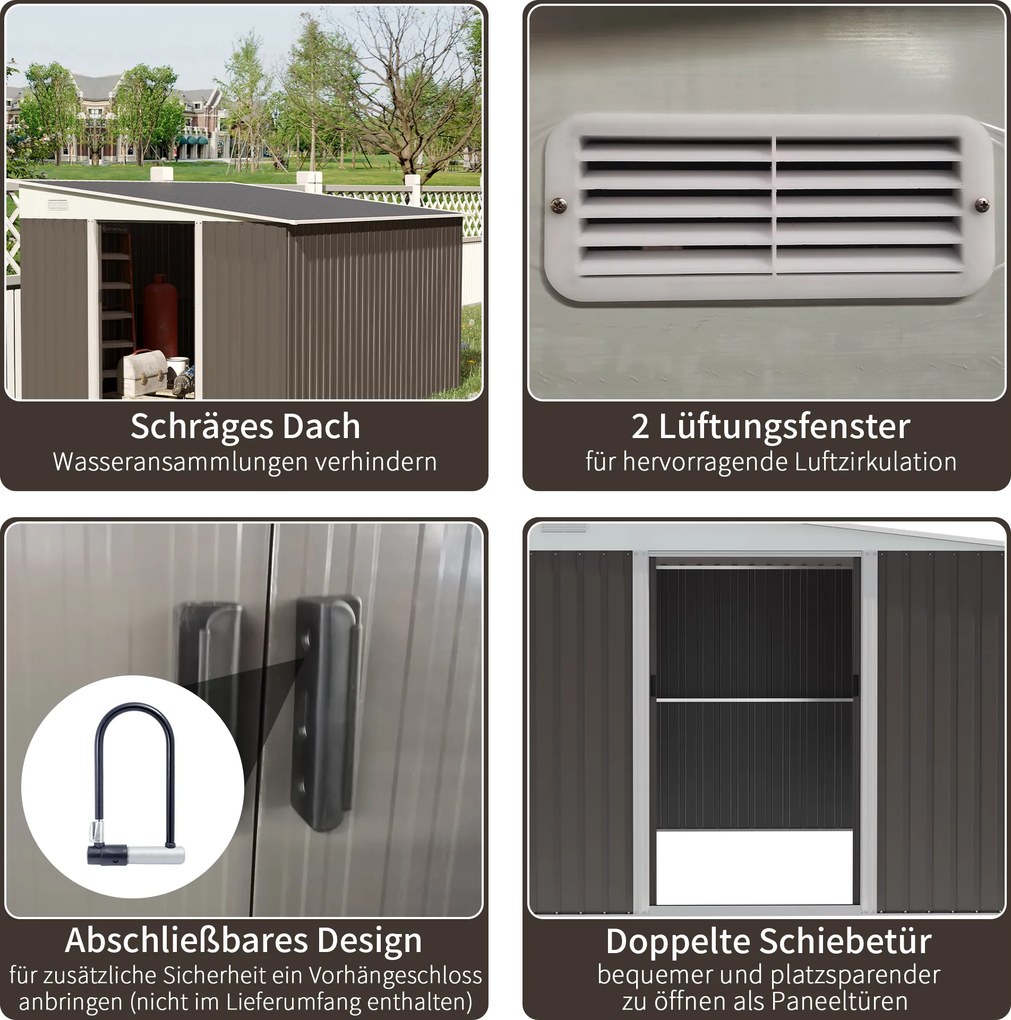 Outsunny Metalowa szopa ogrodowa z pochyłym dachem Przesuwne drzwi Zabezpieczenie narzędzi Szary 28x345x201cm | Aosom PL