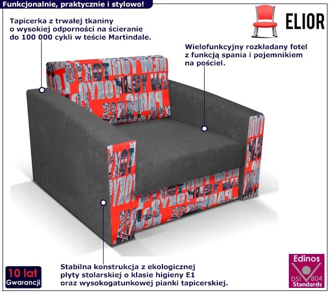 Szaro-czerwony fotel z funkcją spania P9-S17