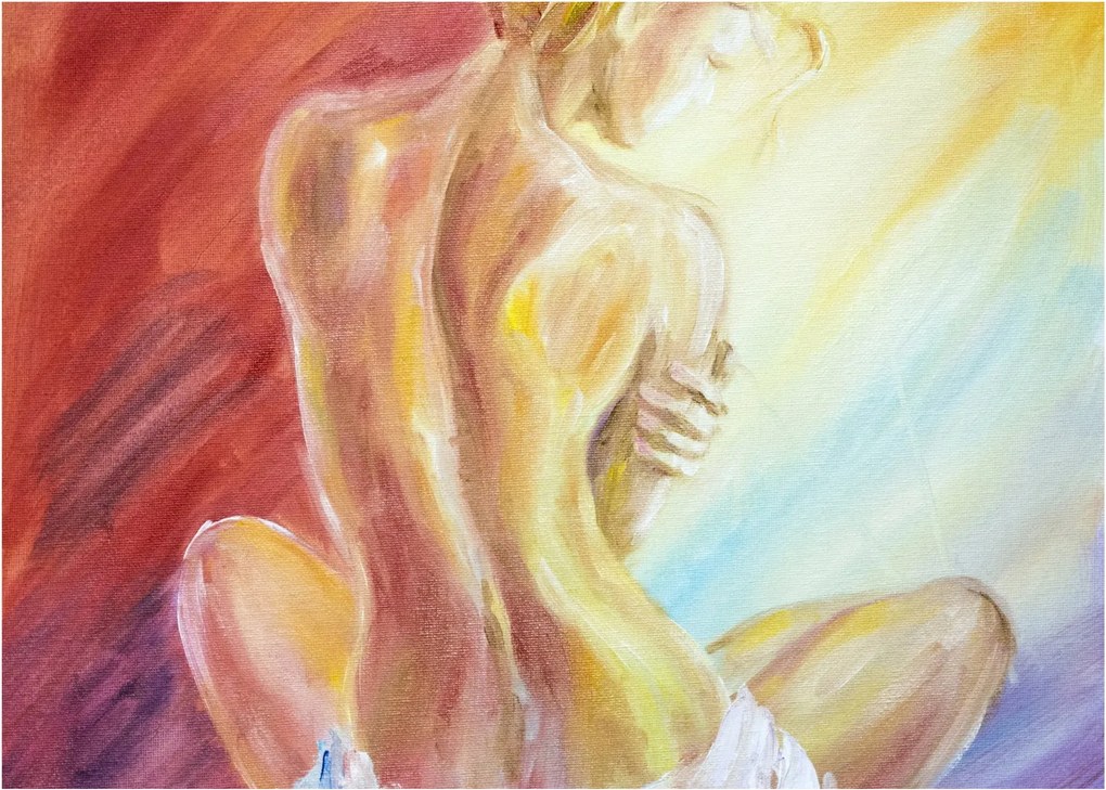 Obraz na szkle odpoczywającej kobiety, obraz olejny (70x50 cm)