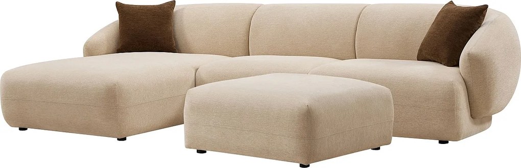 Kanapa narożna lewostronna z pufem z teksturowanej tkaniny w kolorze beżowym MIBASTO